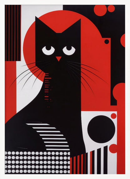 A stylized graphic illustration of a black cat with large, white, crescent-shaped eyes. The cat is set against a large red circle and a background composed of various geometric shapes and patterns in black, white, and red, including stripes, dots, and circles. Decor