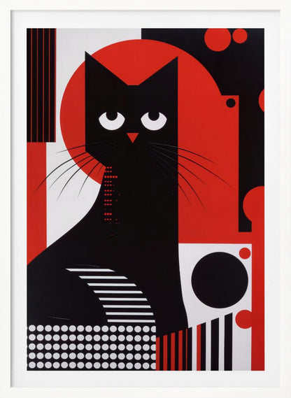 A stylized graphic illustration of a black cat with large, white, crescent-shaped eyes. The cat is set against a large red circle and a background composed of various geometric shapes and patterns in black, white, and red, including stripes, dots, and circles. Decor