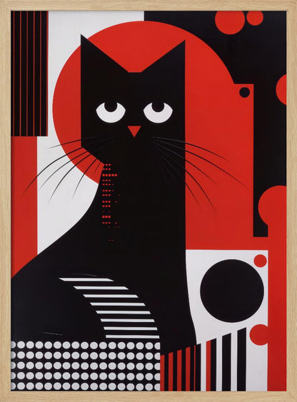 A stylized graphic illustration of a black cat with large, white, crescent-shaped eyes. The cat is set against a large red circle and a background composed of various geometric shapes and patterns in black, white, and red, including stripes, dots, and circles. Decor
