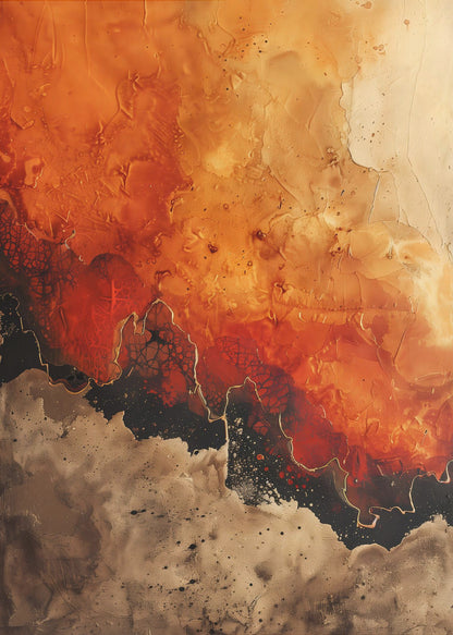A vertical abstract painting in a black frame, featuring a textured, fiery orange and red upper section transitioning into a jagged black formation outlined in gold. The bottom section is a mottled and speckled blend of brown and beige tones. Artwork