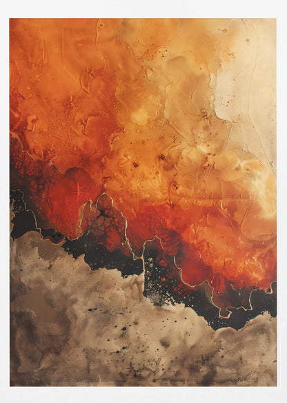A vertical abstract painting in a black frame, featuring a textured, fiery orange and red upper section transitioning into a jagged black formation outlined in gold. The bottom section is a mottled and speckled blend of brown and beige tones. Artwork