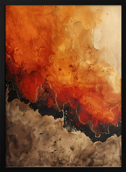 A vertical abstract painting in a black frame, featuring a textured, fiery orange and red upper section transitioning into a jagged black formation outlined in gold. The bottom section is a mottled and speckled blend of brown and beige tones. Artwork