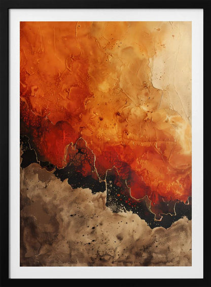 A vertical abstract painting in a black frame, featuring a textured, fiery orange and red upper section transitioning into a jagged black formation outlined in gold. The bottom section is a mottled and speckled blend of brown and beige tones. Artwork