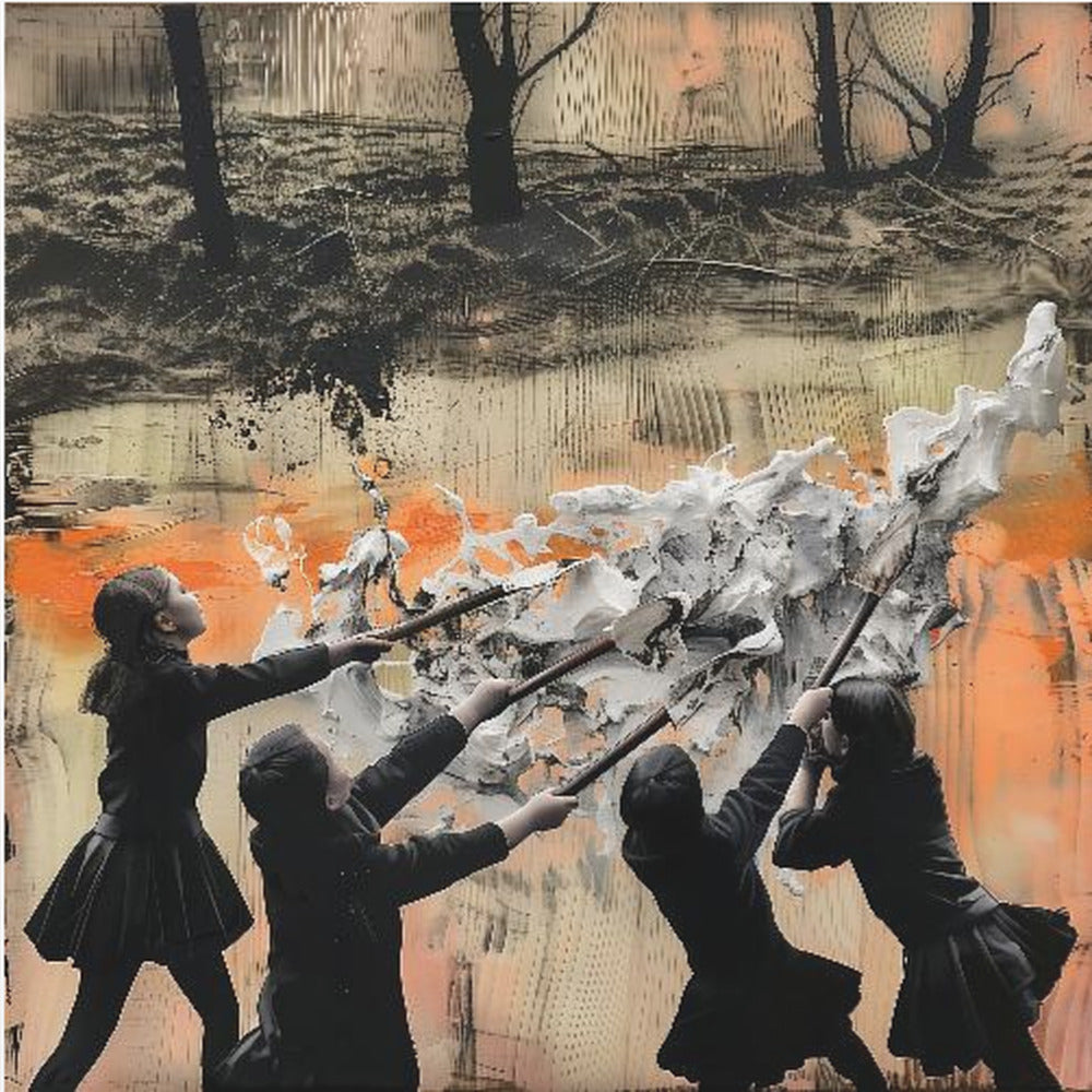 A framed mixed-media artwork featuring four children in dark uniforms collaboratively pushing long-handled tools into a large, textured wave of white paint. The background is an abstract blend of orange, black, and beige, with a dark, desolate landscape of bare trees at the top. Wall Art
