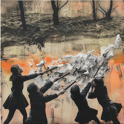 A framed mixed-media artwork featuring four children in dark uniforms collaboratively pushing long-handled tools into a large, textured wave of white paint. The background is an abstract blend of orange, black, and beige, with a dark, desolate landscape of bare trees at the top. Wall Art