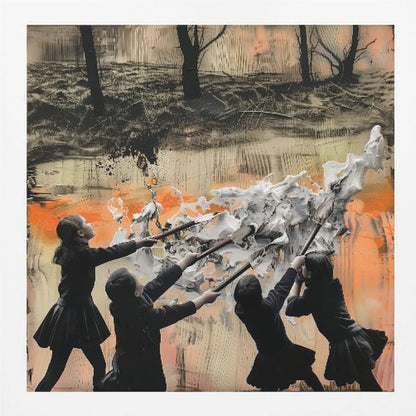 A framed mixed-media artwork featuring four children in dark uniforms collaboratively pushing long-handled tools into a large, textured wave of white paint. The background is an abstract blend of orange, black, and beige, with a dark, desolate landscape of bare trees at the top. Wall Art