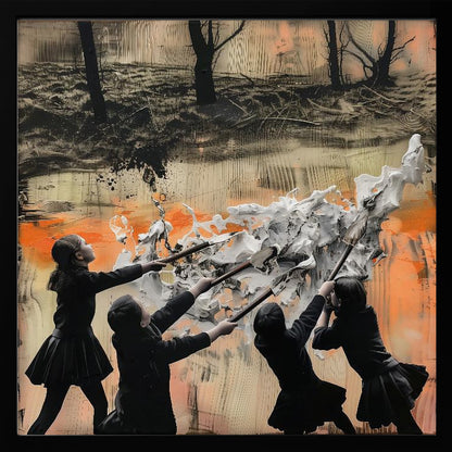 A framed mixed-media artwork featuring four children in dark uniforms collaboratively pushing long-handled tools into a large, textured wave of white paint. The background is an abstract blend of orange, black, and beige, with a dark, desolate landscape of bare trees at the top. Wall Art