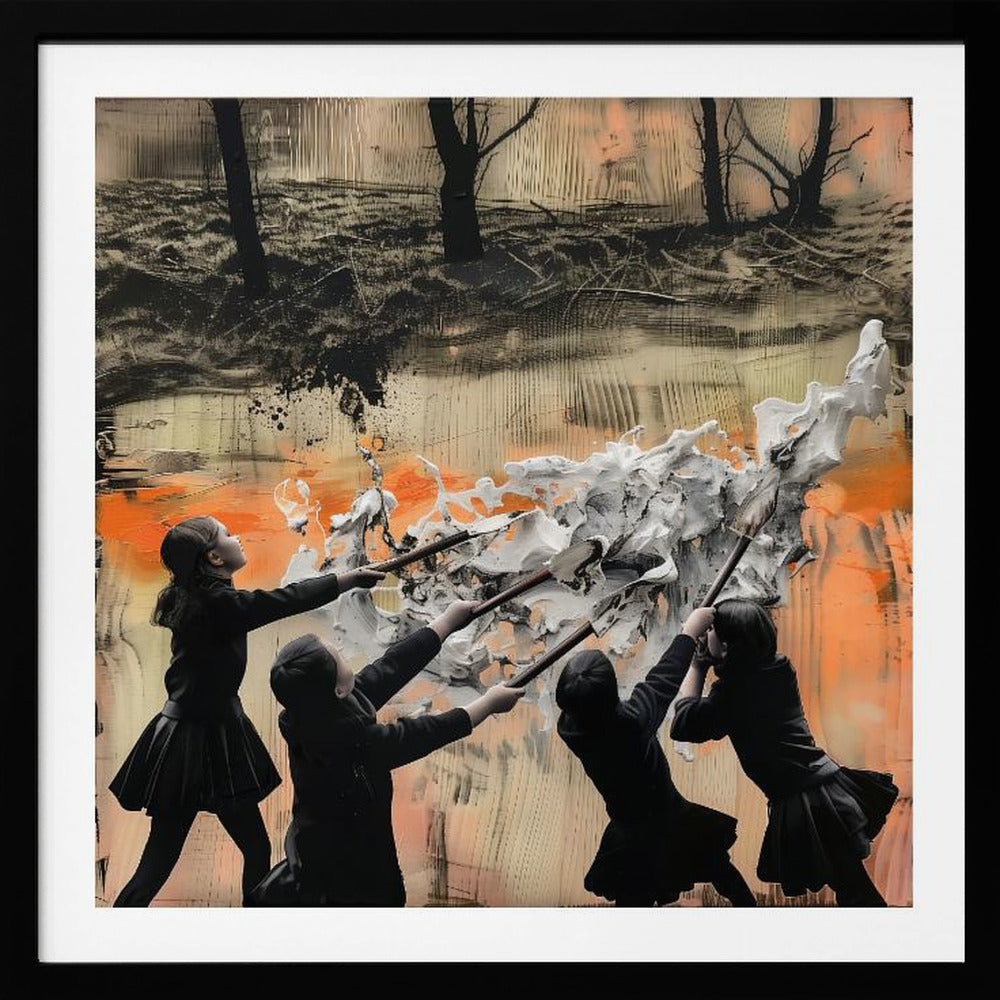 A framed mixed-media artwork featuring four children in dark uniforms collaboratively pushing long-handled tools into a large, textured wave of white paint. The background is an abstract blend of orange, black, and beige, with a dark, desolate landscape of bare trees at the top. Wall Art
