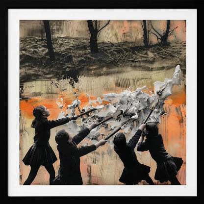A framed mixed-media artwork featuring four children in dark uniforms collaboratively pushing long-handled tools into a large, textured wave of white paint. The background is an abstract blend of orange, black, and beige, with a dark, desolate landscape of bare trees at the top. Wall Art