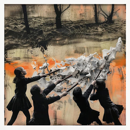 A framed mixed-media artwork featuring four children in dark uniforms collaboratively pushing long-handled tools into a large, textured wave of white paint. The background is an abstract blend of orange, black, and beige, with a dark, desolate landscape of bare trees at the top. Wall Art