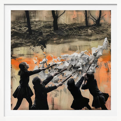 A framed mixed-media artwork featuring four children in dark uniforms collaboratively pushing long-handled tools into a large, textured wave of white paint. The background is an abstract blend of orange, black, and beige, with a dark, desolate landscape of bare trees at the top. Wall Art