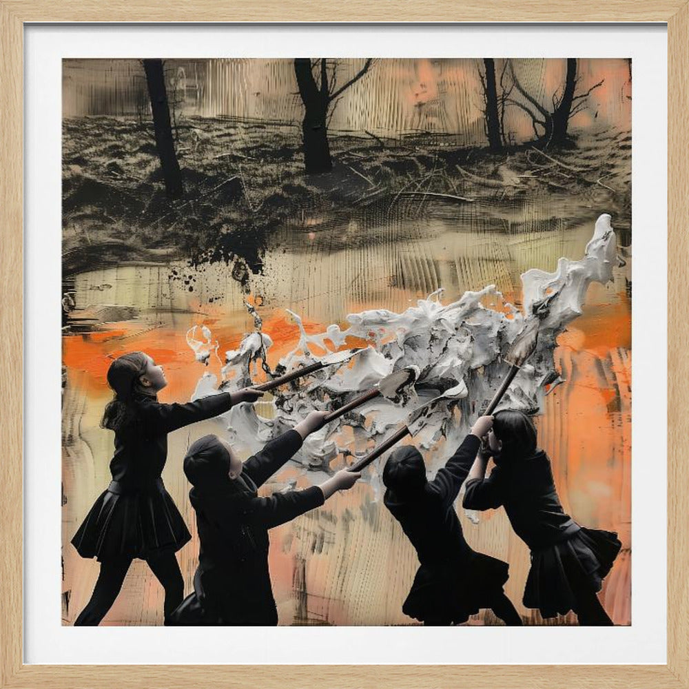 A framed mixed-media artwork featuring four children in dark uniforms collaboratively pushing long-handled tools into a large, textured wave of white paint. The background is an abstract blend of orange, black, and beige, with a dark, desolate landscape of bare trees at the top. Wall Art