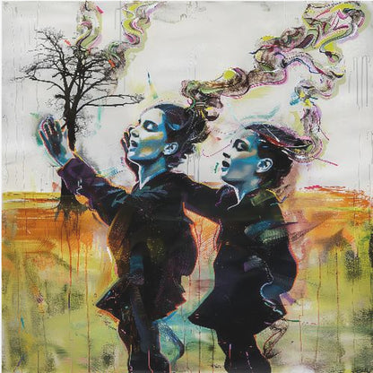 A contemporary painting in a light wood frame depicting two stylized female figures in dark clothes against an abstract background. One reaches for a small, bare tree while both look upwards with open mouths, as colorful, smoke-like swirls rise from behind them. Print