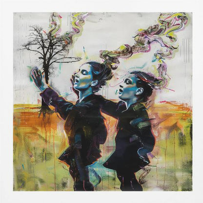 A contemporary painting in a light wood frame depicting two stylized female figures in dark clothes against an abstract background. One reaches for a small, bare tree while both look upwards with open mouths, as colorful, smoke-like swirls rise from behind them. Print
