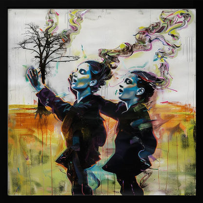 A contemporary painting in a light wood frame depicting two stylized female figures in dark clothes against an abstract background. One reaches for a small, bare tree while both look upwards with open mouths, as colorful, smoke-like swirls rise from behind them. Print