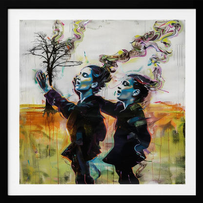 A contemporary painting in a light wood frame depicting two stylized female figures in dark clothes against an abstract background. One reaches for a small, bare tree while both look upwards with open mouths, as colorful, smoke-like swirls rise from behind them. Print