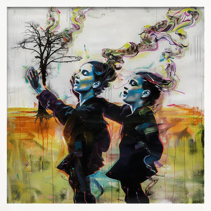 A contemporary painting in a light wood frame depicting two stylized female figures in dark clothes against an abstract background. One reaches for a small, bare tree while both look upwards with open mouths, as colorful, smoke-like swirls rise from behind them. Print