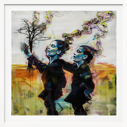 A contemporary painting in a light wood frame depicting two stylized female figures in dark clothes against an abstract background. One reaches for a small, bare tree while both look upwards with open mouths, as colorful, smoke-like swirls rise from behind them. Print