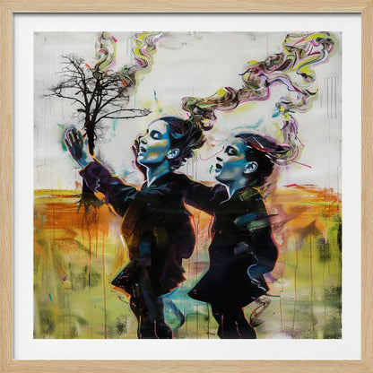 A contemporary painting in a light wood frame depicting two stylized female figures in dark clothes against an abstract background. One reaches for a small, bare tree while both look upwards with open mouths, as colorful, smoke-like swirls rise from behind them. Print