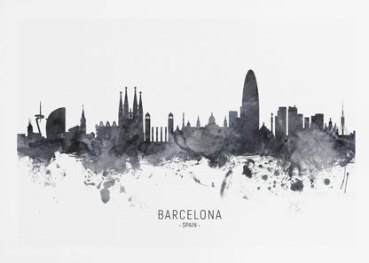 A framed black and white watercolor silhouette of the Barcelona, Spain skyline. Famous landmarks like the Sagrada Familia and Torre Glòries are visible. The word 'BARCELONA' is printed below the cityscape against a clean white background. Poster