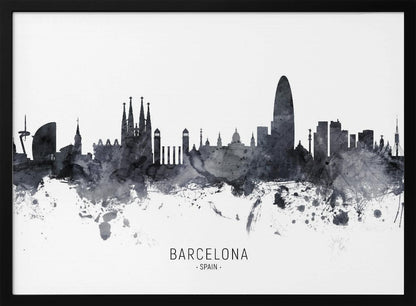 A framed black and white watercolor silhouette of the Barcelona, Spain skyline. Famous landmarks like the Sagrada Familia and Torre Glòries are visible. The word 'BARCELONA' is printed below the cityscape against a clean white background. Poster