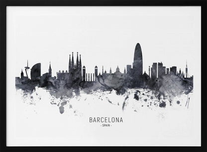 A framed black and white watercolor silhouette of the Barcelona, Spain skyline. Famous landmarks like the Sagrada Familia and Torre Glòries are visible. The word 'BARCELONA' is printed below the cityscape against a clean white background. Poster