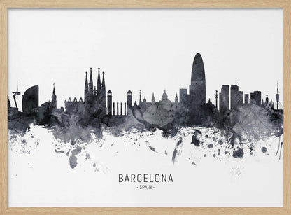 A framed black and white watercolor silhouette of the Barcelona, Spain skyline. Famous landmarks like the Sagrada Familia and Torre Glòries are visible. The word 'BARCELONA' is printed below the cityscape against a clean white background. Poster