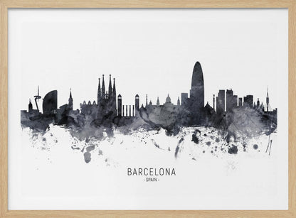 A framed black and white watercolor silhouette of the Barcelona, Spain skyline. Famous landmarks like the Sagrada Familia and Torre Glòries are visible. The word 'BARCELONA' is printed below the cityscape against a clean white background. Poster