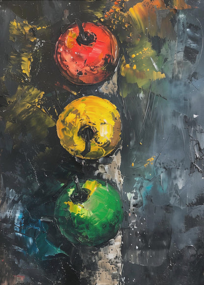 An abstract impasto painting of a traffic light. Three circles—red, yellow, and green—are aligned vertically against a dark, heavily textured background created with thick palette knife strokes. Wall Art