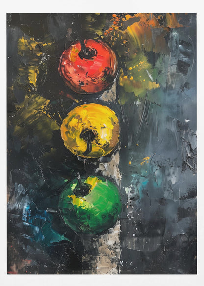 An abstract impasto painting of a traffic light. Three circles—red, yellow, and green—are aligned vertically against a dark, heavily textured background created with thick palette knife strokes. Wall Art