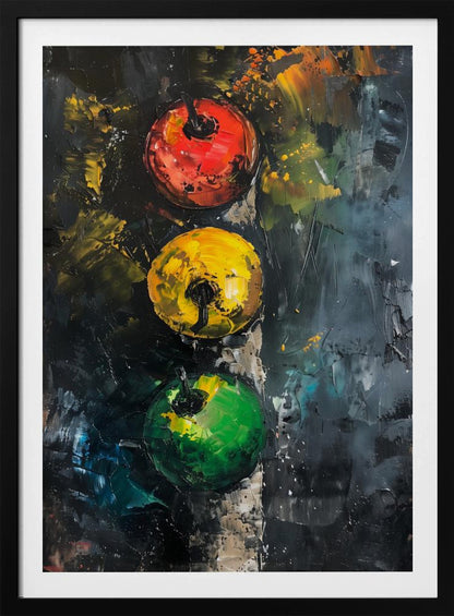 An abstract impasto painting of a traffic light. Three circles—red, yellow, and green—are aligned vertically against a dark, heavily textured background created with thick palette knife strokes. Wall Art