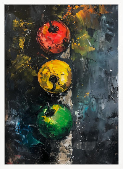 An abstract impasto painting of a traffic light. Three circles—red, yellow, and green—are aligned vertically against a dark, heavily textured background created with thick palette knife strokes. Wall Art