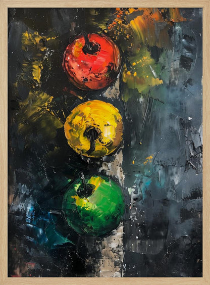 An abstract impasto painting of a traffic light. Three circles—red, yellow, and green—are aligned vertically against a dark, heavily textured background created with thick palette knife strokes. Wall Art