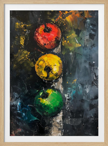 An abstract impasto painting of a traffic light. Three circles—red, yellow, and green—are aligned vertically against a dark, heavily textured background created with thick palette knife strokes. Wall Art