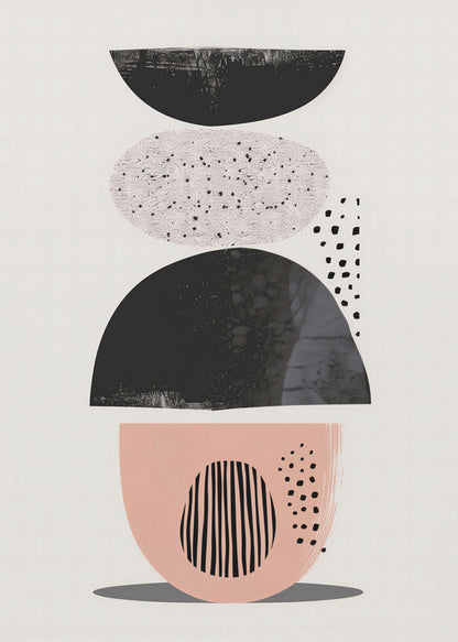 A modern abstract artwork in a black frame, featuring a vertical composition of stacked shapes against an off-white background. From top to bottom, the shapes include a black semi-circle, a speckled light gray oval, a larger textured black semi-circle, and a blush pink bowl-like shape decorated with black vertical lines and dots. Print