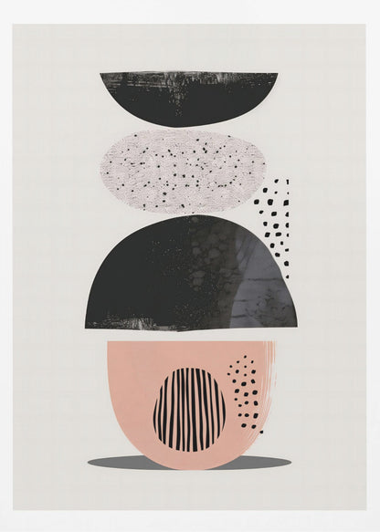 A modern abstract artwork in a black frame, featuring a vertical composition of stacked shapes against an off-white background. From top to bottom, the shapes include a black semi-circle, a speckled light gray oval, a larger textured black semi-circle, and a blush pink bowl-like shape decorated with black vertical lines and dots. Print