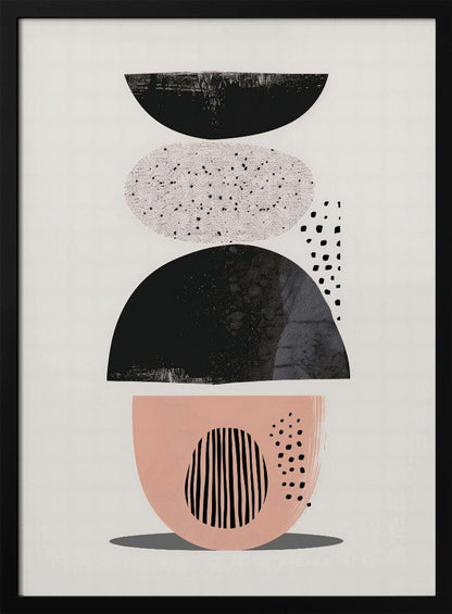 A modern abstract artwork in a black frame, featuring a vertical composition of stacked shapes against an off-white background. From top to bottom, the shapes include a black semi-circle, a speckled light gray oval, a larger textured black semi-circle, and a blush pink bowl-like shape decorated with black vertical lines and dots. Print