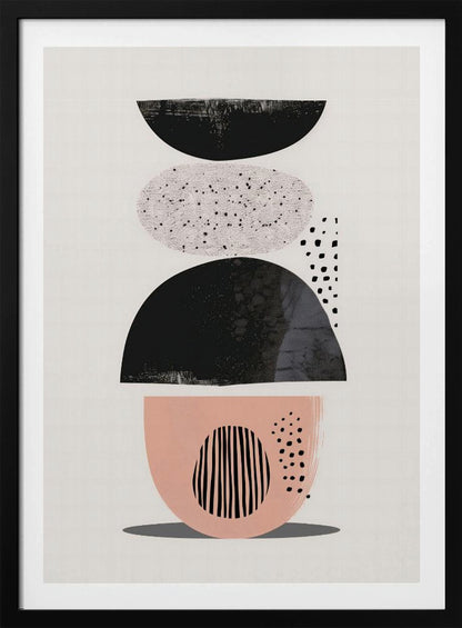 A modern abstract artwork in a black frame, featuring a vertical composition of stacked shapes against an off-white background. From top to bottom, the shapes include a black semi-circle, a speckled light gray oval, a larger textured black semi-circle, and a blush pink bowl-like shape decorated with black vertical lines and dots. Print