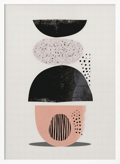 A modern abstract artwork in a black frame, featuring a vertical composition of stacked shapes against an off-white background. From top to bottom, the shapes include a black semi-circle, a speckled light gray oval, a larger textured black semi-circle, and a blush pink bowl-like shape decorated with black vertical lines and dots. Print
