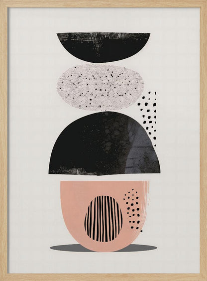 A modern abstract artwork in a black frame, featuring a vertical composition of stacked shapes against an off-white background. From top to bottom, the shapes include a black semi-circle, a speckled light gray oval, a larger textured black semi-circle, and a blush pink bowl-like shape decorated with black vertical lines and dots. Print