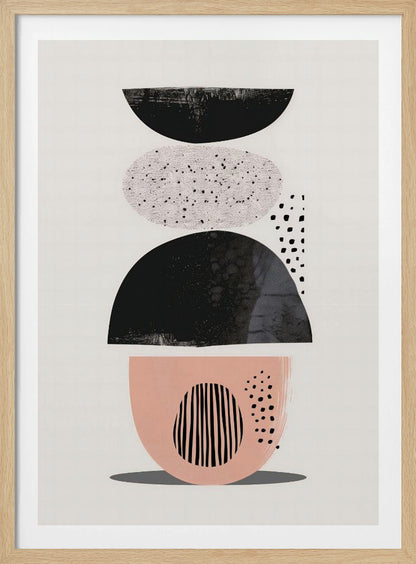 A modern abstract artwork in a black frame, featuring a vertical composition of stacked shapes against an off-white background. From top to bottom, the shapes include a black semi-circle, a speckled light gray oval, a larger textured black semi-circle, and a blush pink bowl-like shape decorated with black vertical lines and dots. Print