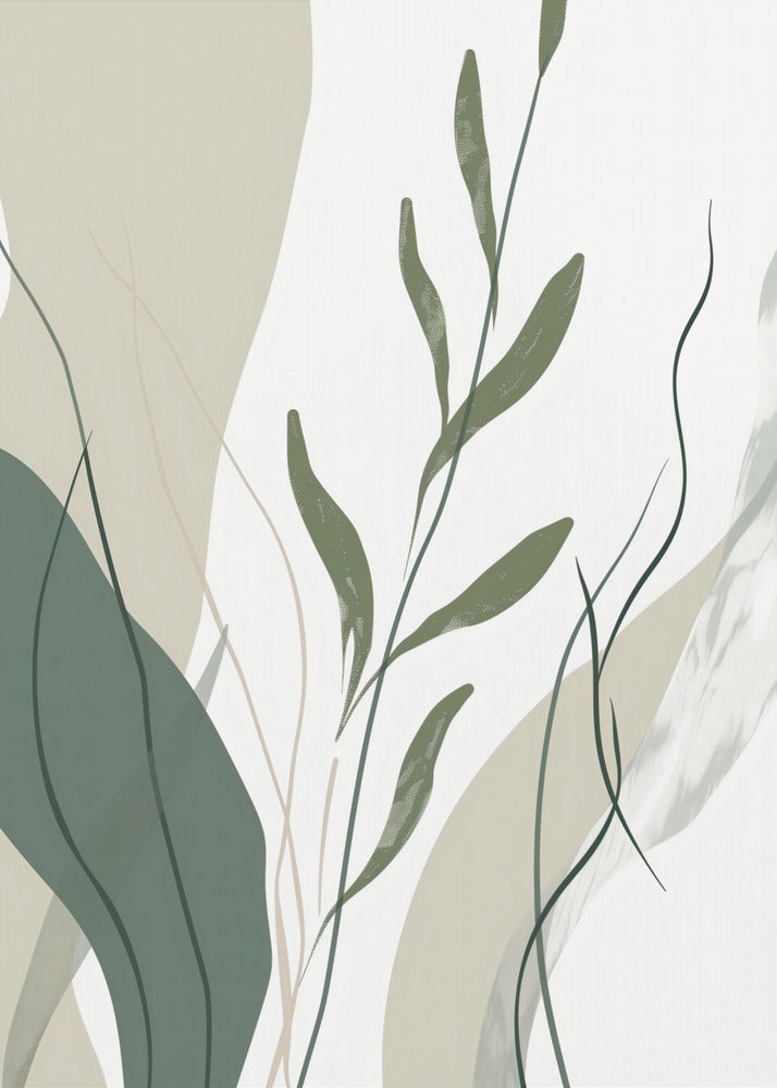 An abstract botanical art print in a black frame. The composition features stylized green leaves and stems layered over muted beige and sage green shapes against a clean white background. Wall Art