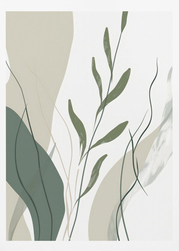 An abstract botanical art print in a black frame. The composition features stylized green leaves and stems layered over muted beige and sage green shapes against a clean white background. Wall Art