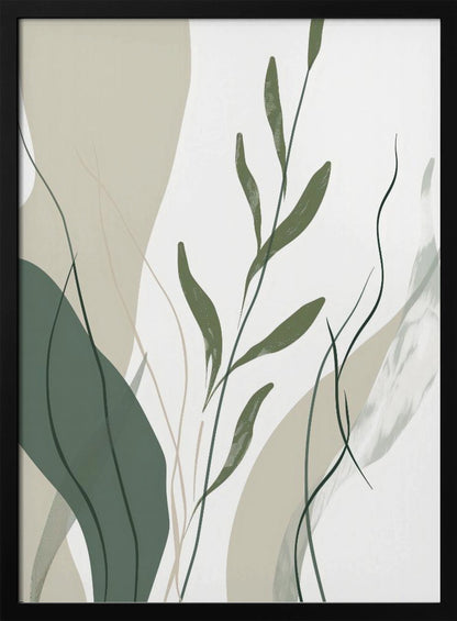 An abstract botanical art print in a black frame. The composition features stylized green leaves and stems layered over muted beige and sage green shapes against a clean white background. Wall Art