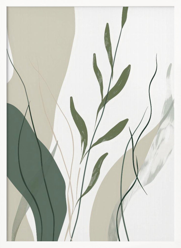 An abstract botanical art print in a black frame. The composition features stylized green leaves and stems layered over muted beige and sage green shapes against a clean white background. Wall Art