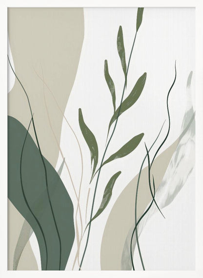 An abstract botanical art print in a black frame. The composition features stylized green leaves and stems layered over muted beige and sage green shapes against a clean white background. Wall Art