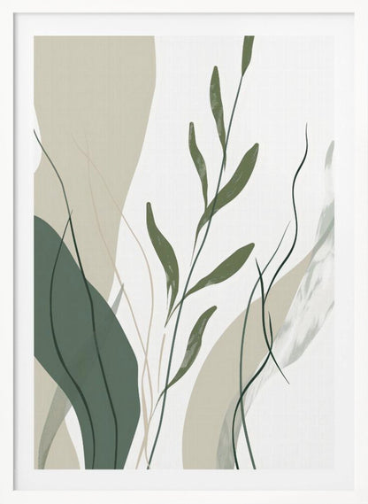An abstract botanical art print in a black frame. The composition features stylized green leaves and stems layered over muted beige and sage green shapes against a clean white background. Wall Art