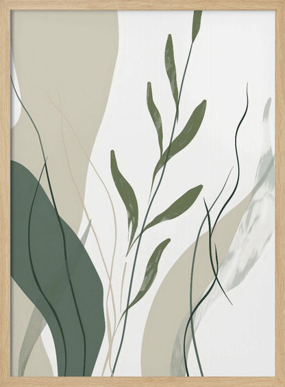 An abstract botanical art print in a black frame. The composition features stylized green leaves and stems layered over muted beige and sage green shapes against a clean white background. Wall Art