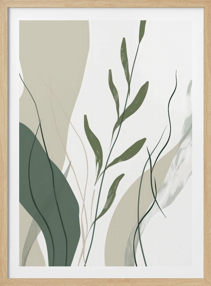 An abstract botanical art print in a black frame. The composition features stylized green leaves and stems layered over muted beige and sage green shapes against a clean white background. Wall Art