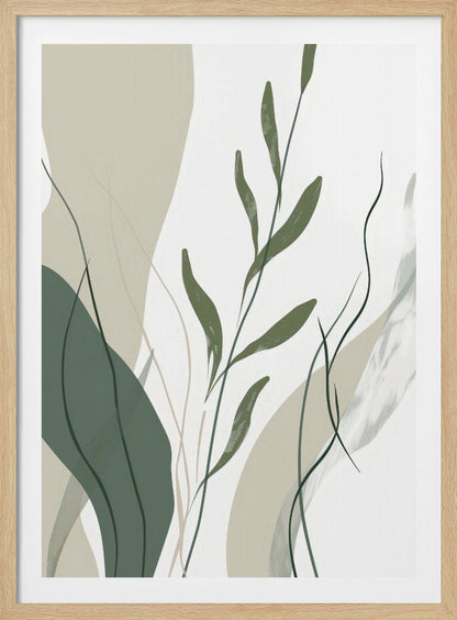 An abstract botanical art print in a black frame. The composition features stylized green leaves and stems layered over muted beige and sage green shapes against a clean white background. Wall Art